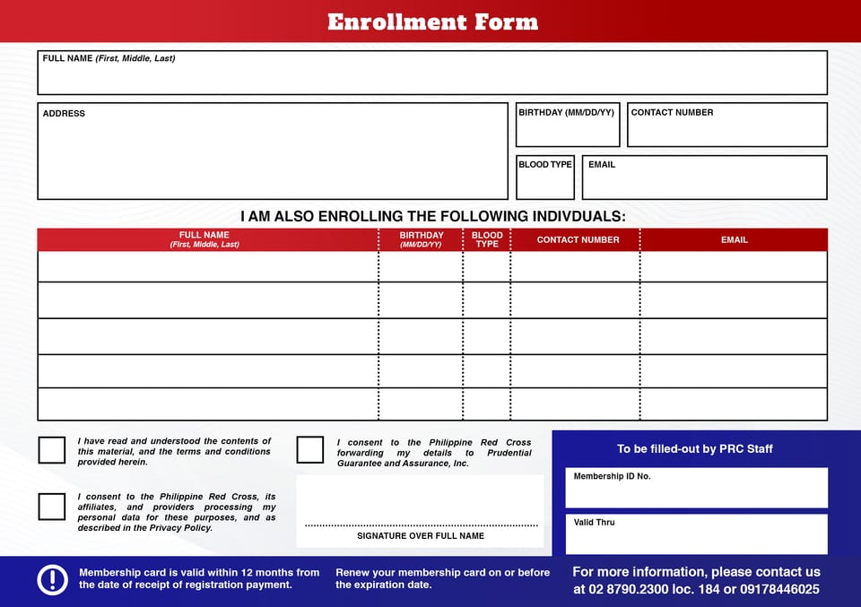 Philippine Rec Cross Safe Card enrollment form